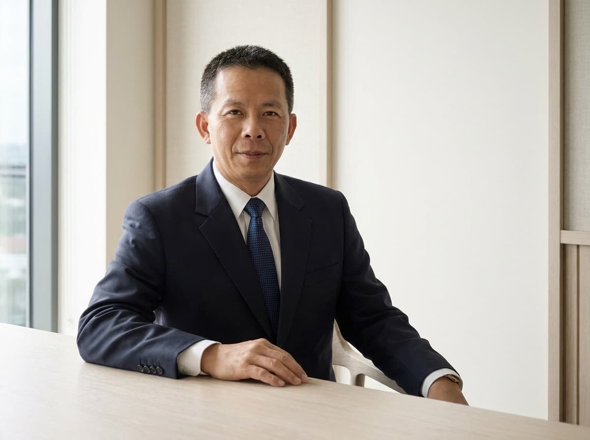 Cabinet portrait — financial advisor in a minimalist office, warm window light