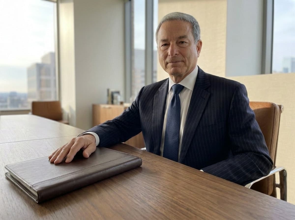 Senior partner Cabinet portrait — pinstripe charcoal suit, navy tie, contemporary glass-walled office